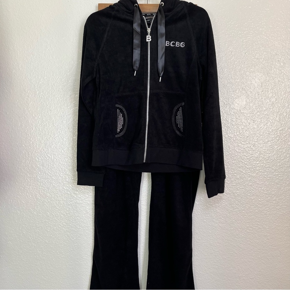 BCBG MaxAzria Logo Rhinestone Black Two Piece Tracksuit NEW Large